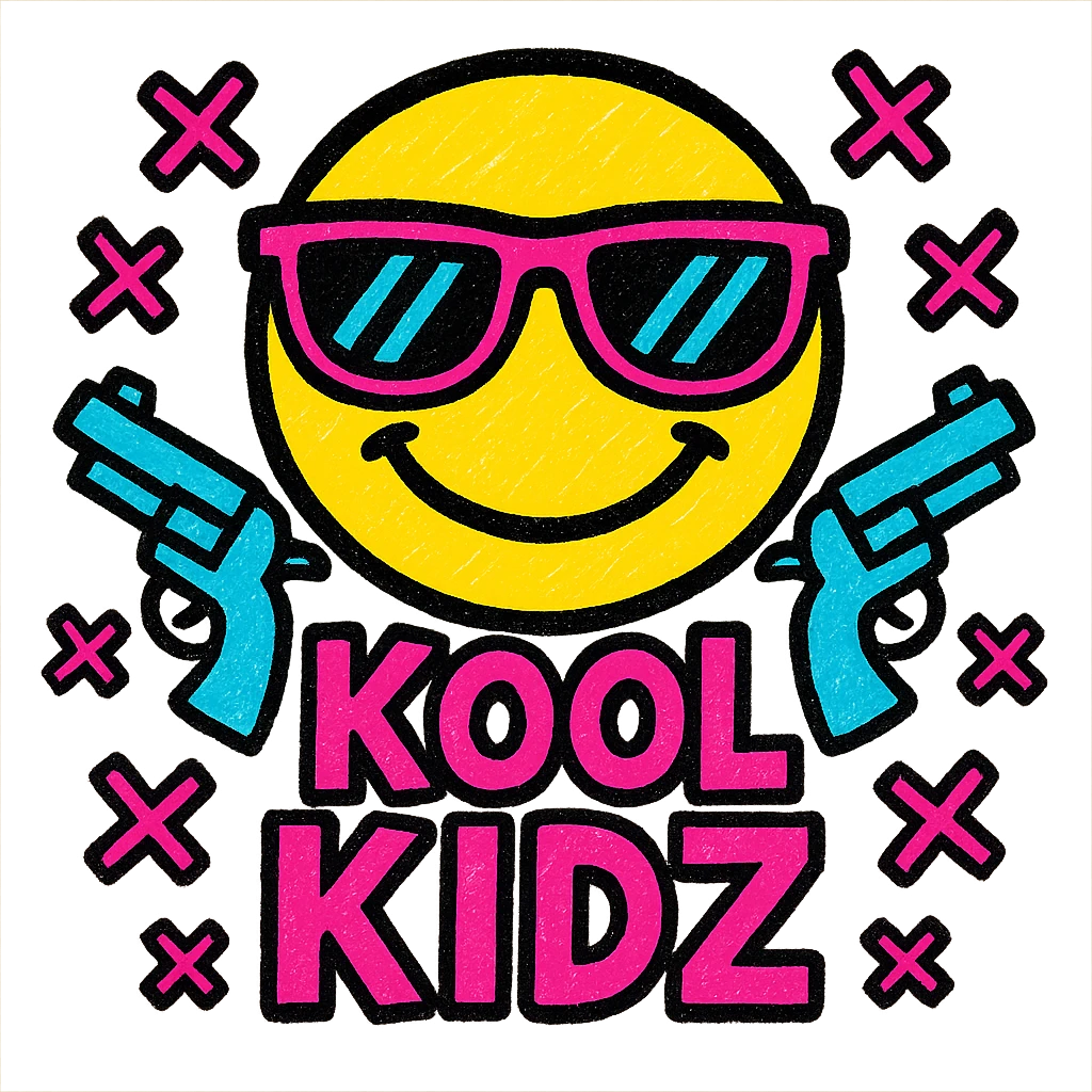 emoji with the text 'KOOL KIDZ' in pink and white, surrounded by decorative crosses and guns, bold and edgy style emoji