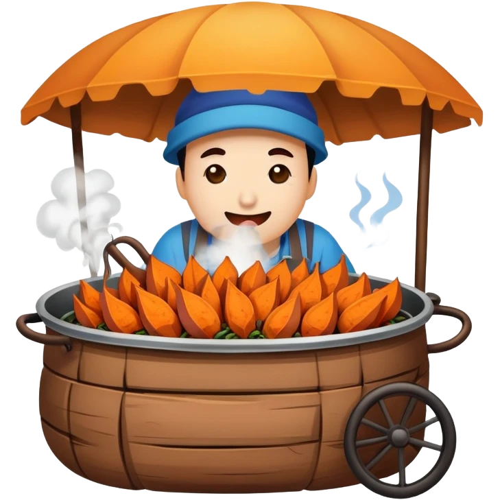 Street vendor roasted sweet potato with steam rising, simplified emoji style with bold outlines and bright colors, cartoon style hot Kao Hong Shu emoji