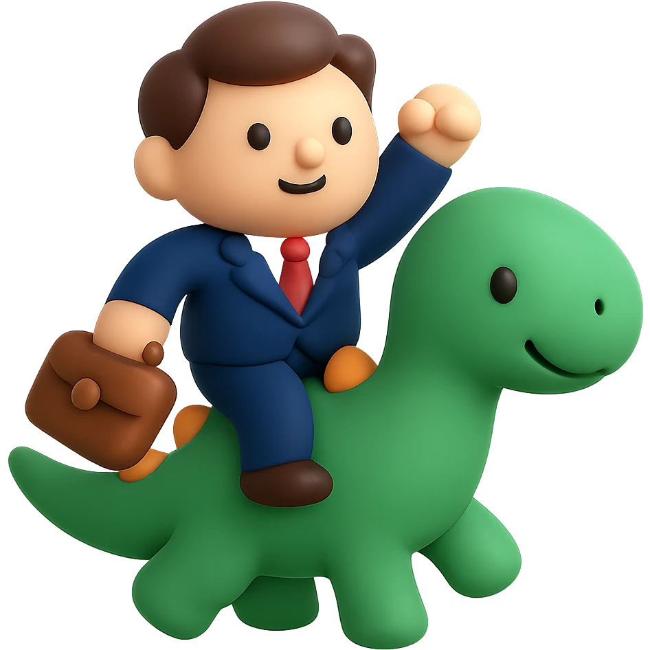A businessman character riding on top of a friendly dinosaur emoji