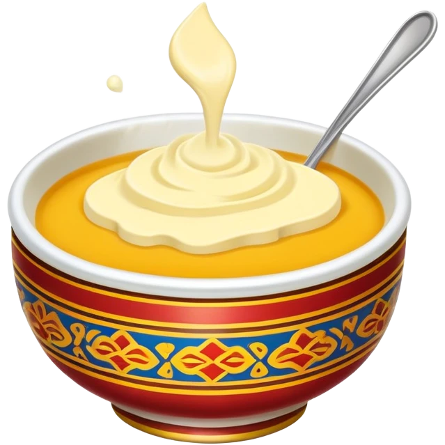 Tibetan butter tea in traditional bowl, simplified emoji style with bold outlines and bright colors, cartoon style creamy yak butter drink emoji