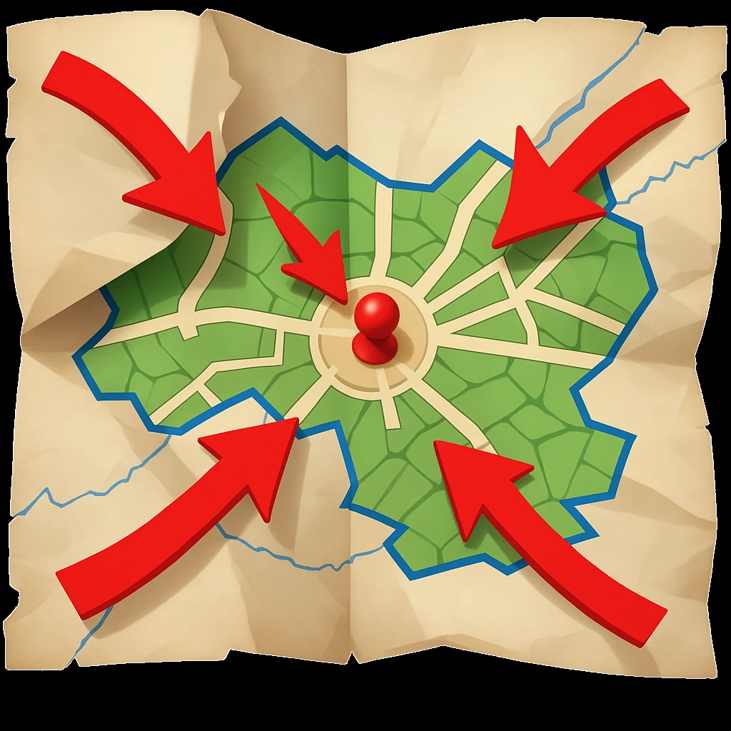 Add bold red arrows to the map, indicating an upcoming offensive attack strategy. Keep the emoji style and all original details. emoji