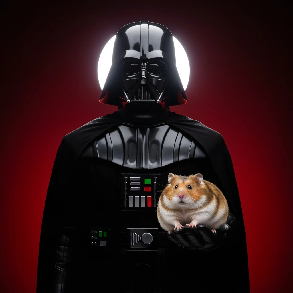 Closeup Photo of a darth vader holding big hamster, low key light, red solid background with leading lines, back light, spot light emoji