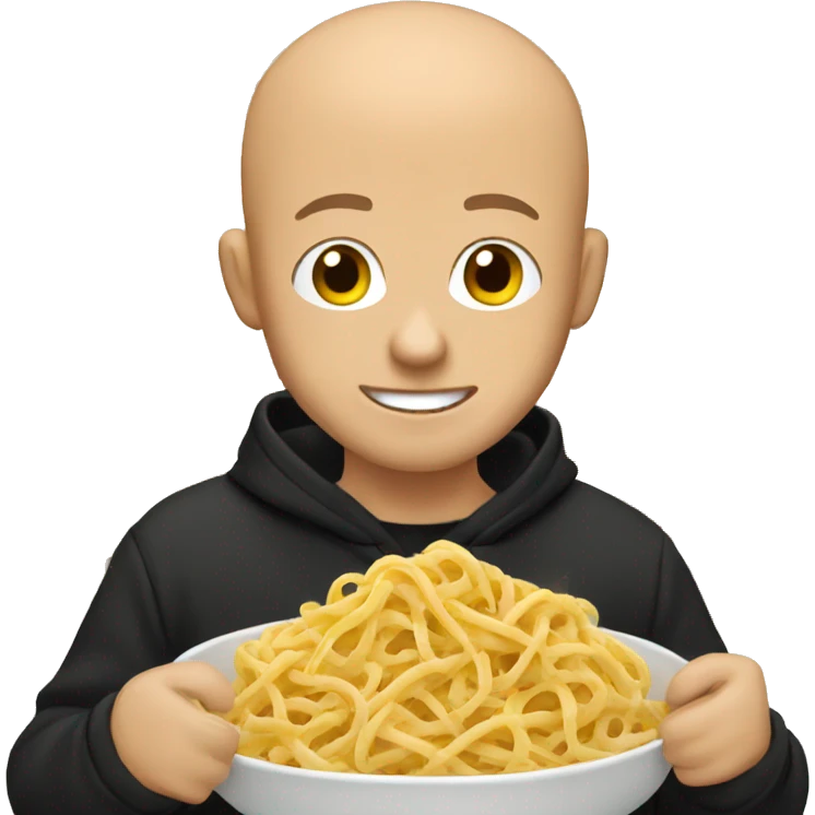 bald man eating pasta wearing a black hoodie emoji