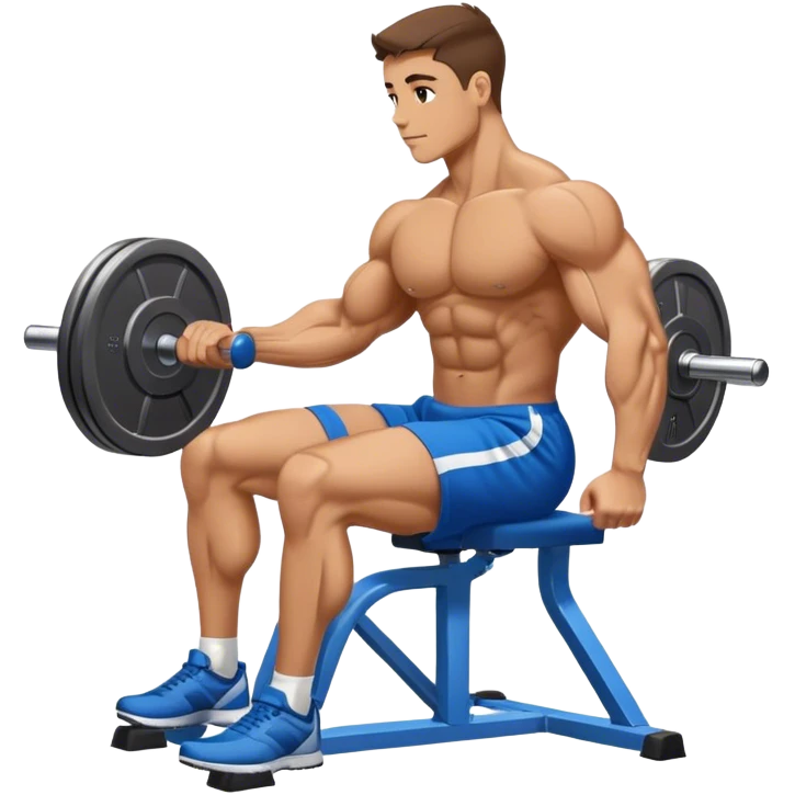 side-view bodybuilder in blue shorts seated weighted calf-raise machine on his tip toes emoji