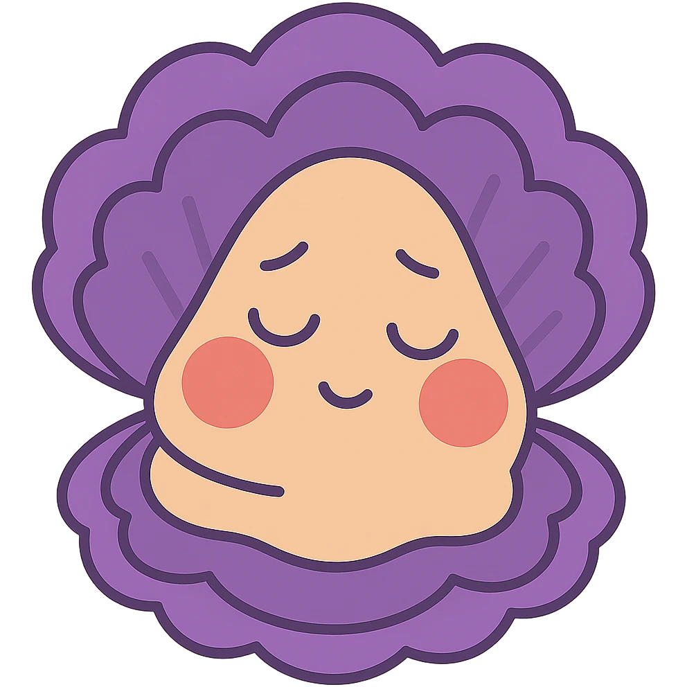 Cute oyster with a shy expression, very red cheeks, looking down, in pastel toon style, transparent background. emoji