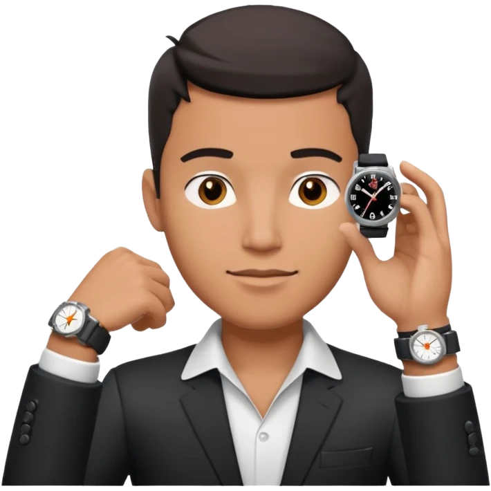 diverse man wearing a black strap watch on his wrist portrait, head and shoulders only, wrist raised slightly showing the watch clearly, modern style, 3D cartoon, mobile game icon style, clean background, no text, no watermark
 emoji