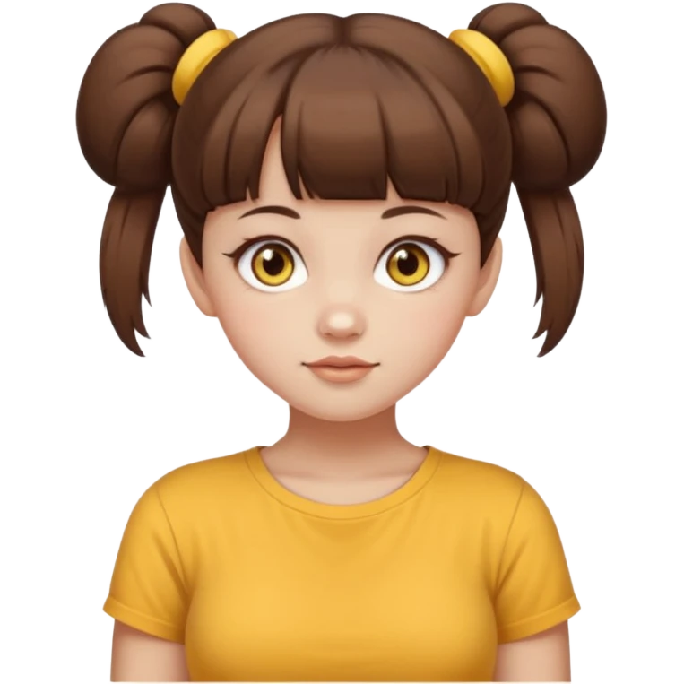 beautiful girl with brown hair with up twin buns style only, straight bangs, yellow eyes, milk brown tshirt, white skin, her body is a little fat  emoji