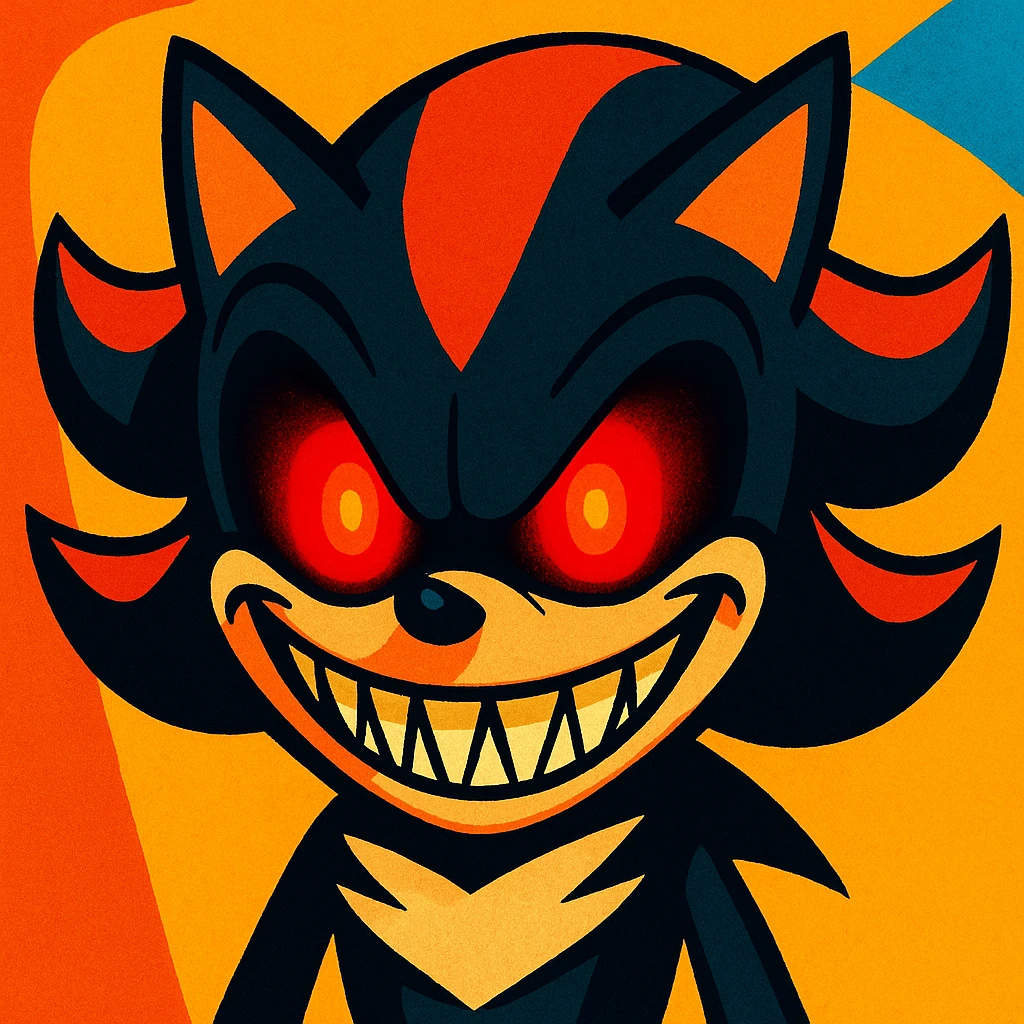 Shadow from Sonic, horror cartoon style, only the face, glowing red eyes, sinister grin, bright and vivid background, not dark emoji