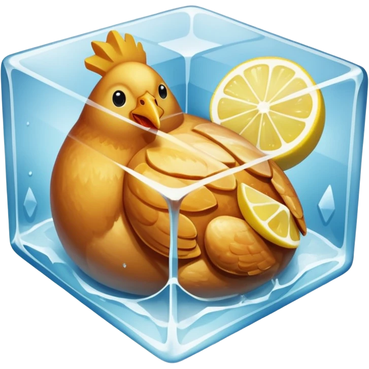 baked chicken with lemon wedges on a large platter, inside a large ice cube emoji