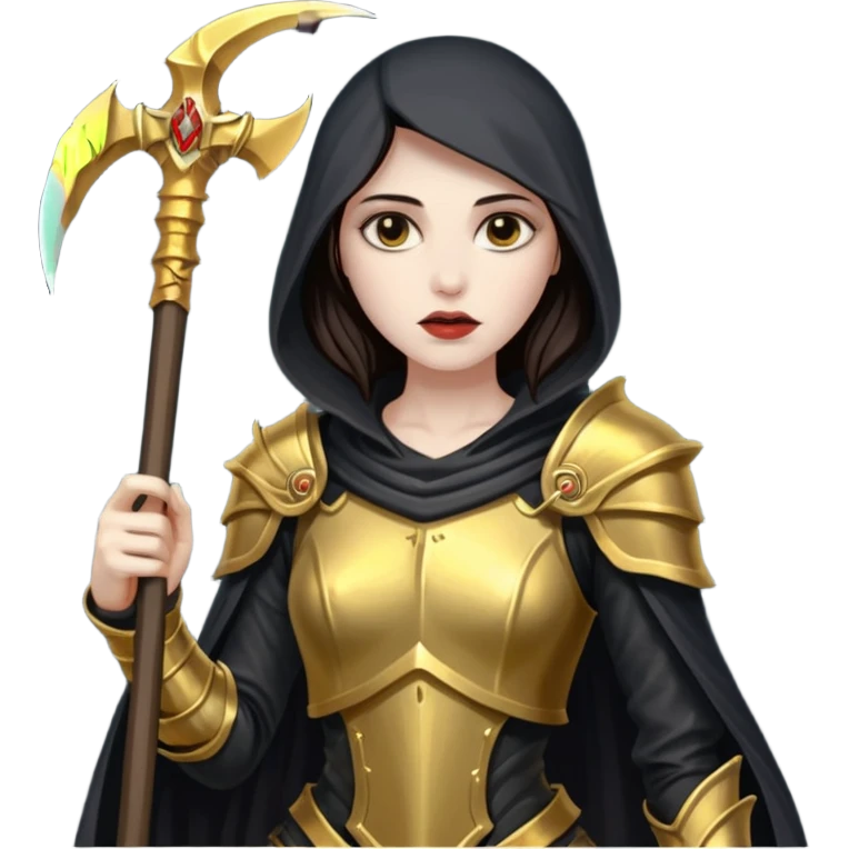 feminine grim reaper in a gold with scythe emoji