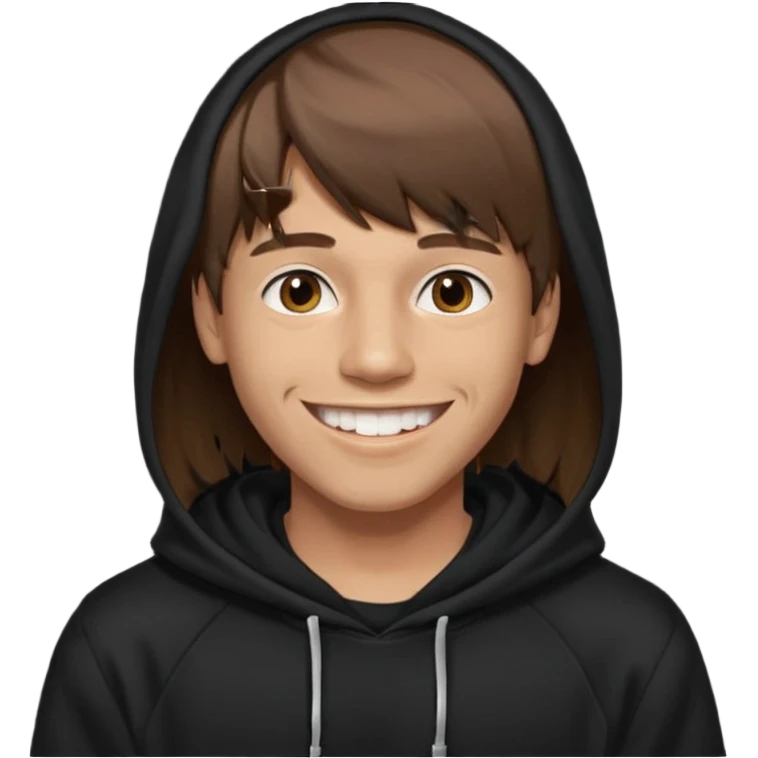 20 yr old man, brown hair, straight, big smile, white teeth, tanned skin, bangs, black hooded sweatshirt, long hair in back, middle parted bangs emoji