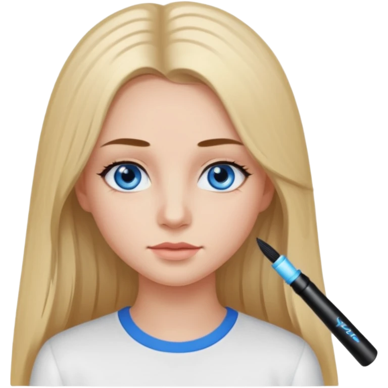 ragazza con capelli lunghi piastrati truccata con molto mascara, occhi azzurri e maglietta a maniche lunghe bianca  emoji