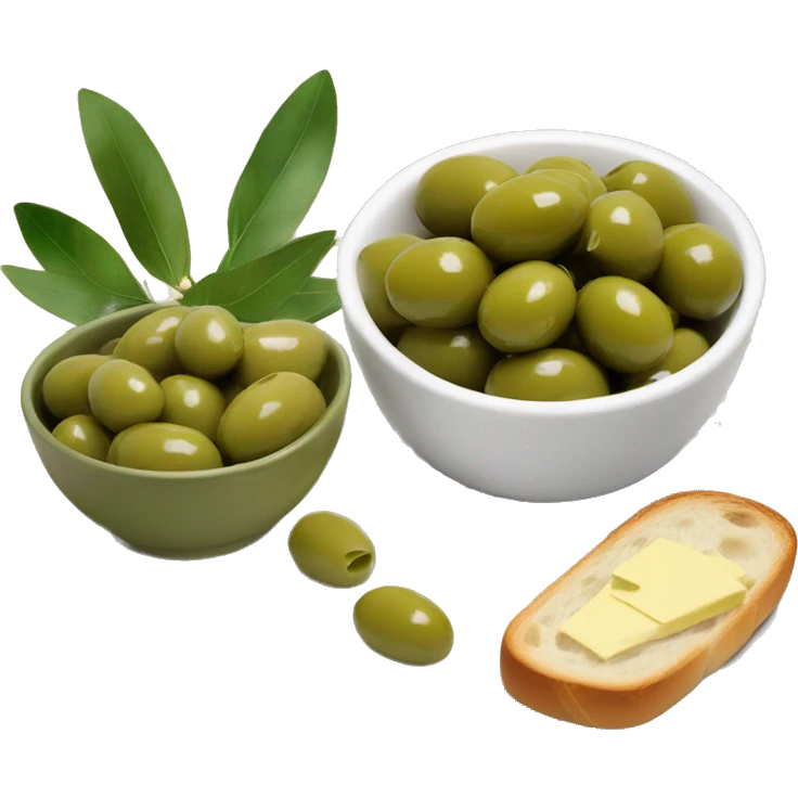 bowl of green olives beside a baguette with butter   emoji