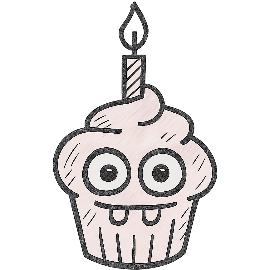 A cupcake with pink frosting, big eyes, two teeth, and a lit candle on top emoji