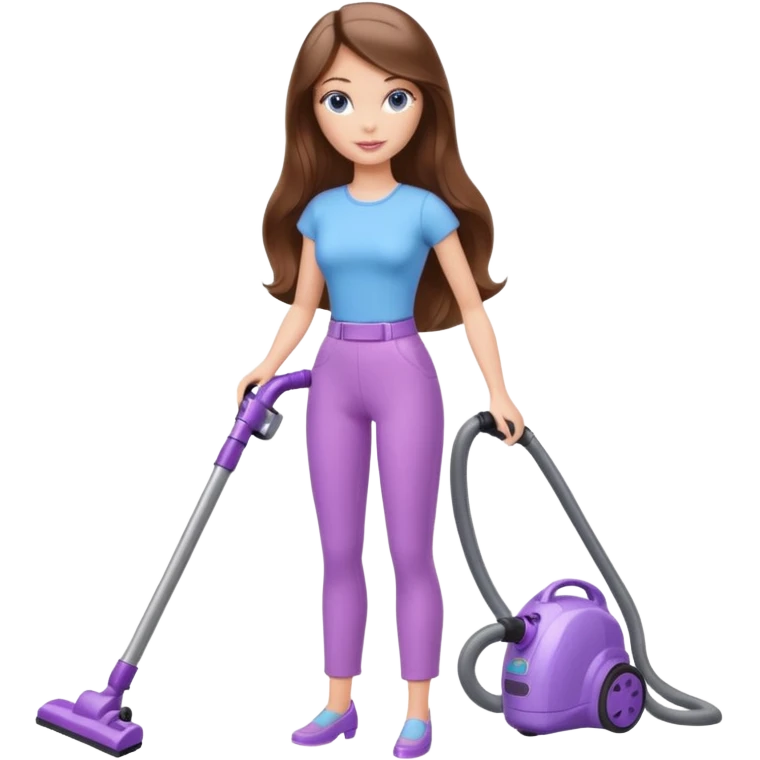 beautiful barbie girl with long brown hair, blue eyes and wearing light purple clothes, cleaning and vacuuming emoji