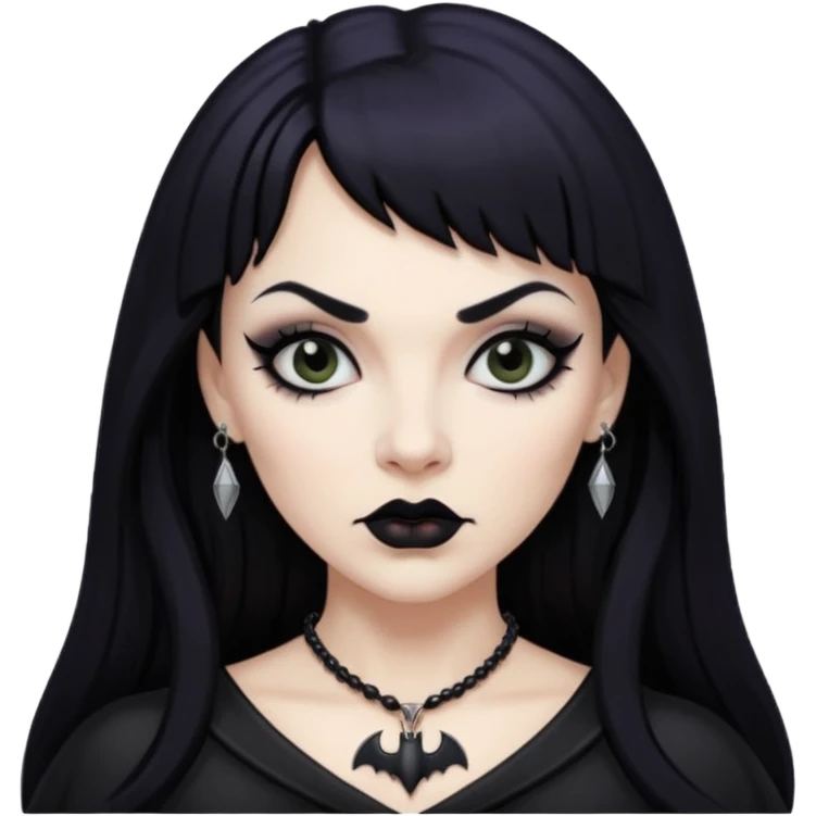 vampira mulher branca com cabelo preto longo com franja na testa, sobrancelha grossa e lábios com batom preto com colar preto e pingente de morcego preto emoji