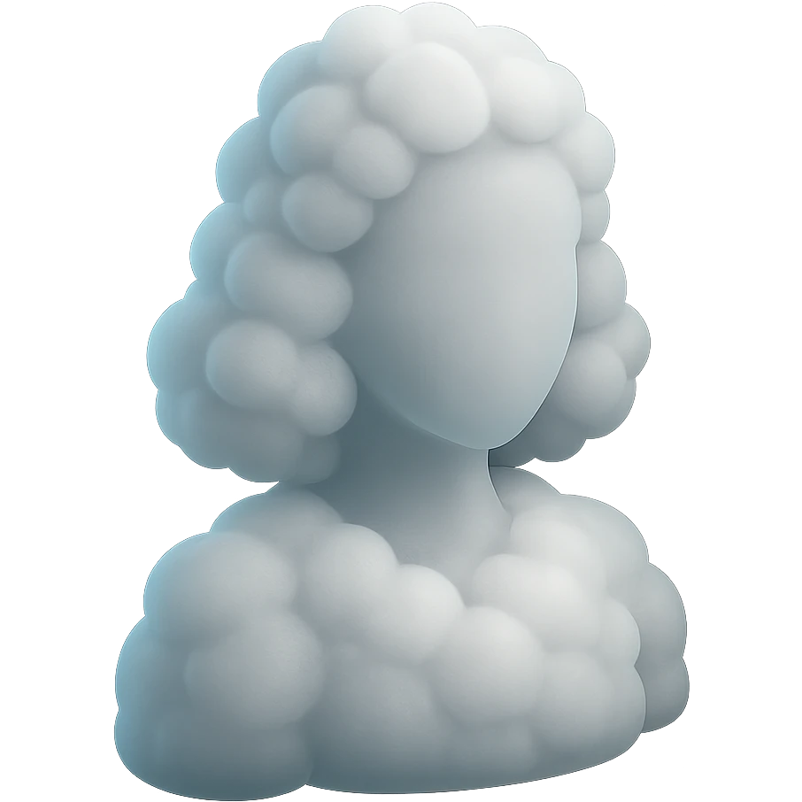faceless person, facing straight, fully composed of white fluffy convex clouds, shoulder length, no shadows emoji