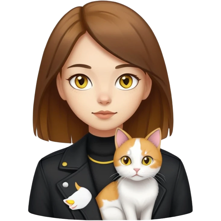 Light-skinned girl with brown straight hair wearing a black jacket, with a white cat with yellow eyes and a calico cat emoji