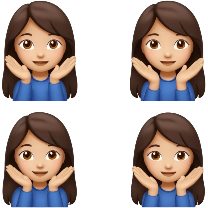 Create 4 cute emoji-style illustrations of a Filipina girl, chibi cartoon style, round face, warm brown skin, long dark hair.
Emoji 1: smiling sweetly with soft eyes.
Emoji 2: blushing shyly, hands near face, kilig expression.
Emoji 3: playful wink with a small heart.
Emoji 4: blowing a kiss. emoji