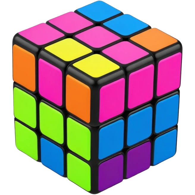 A 3x3 Rubik's Cube with neon bright colors: electric blue, hot pink, neon green, neon yellow, neon orange, bright purple, minimalist iOS emoji style emoji