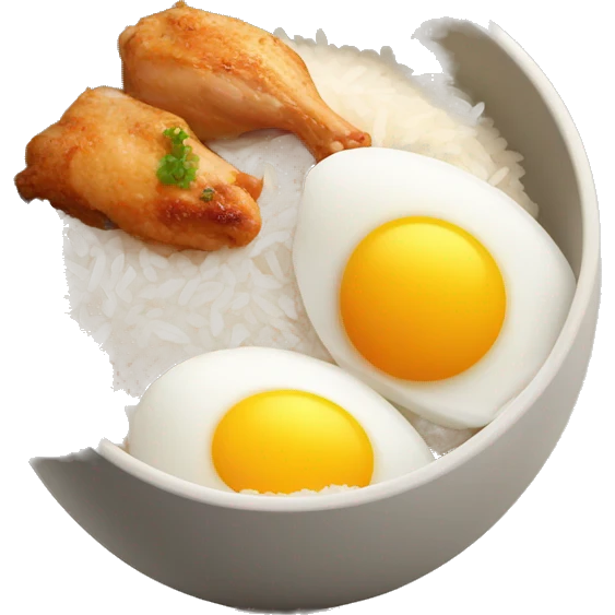 a bowl of rice with two eggs and chicken thigh upright emoji