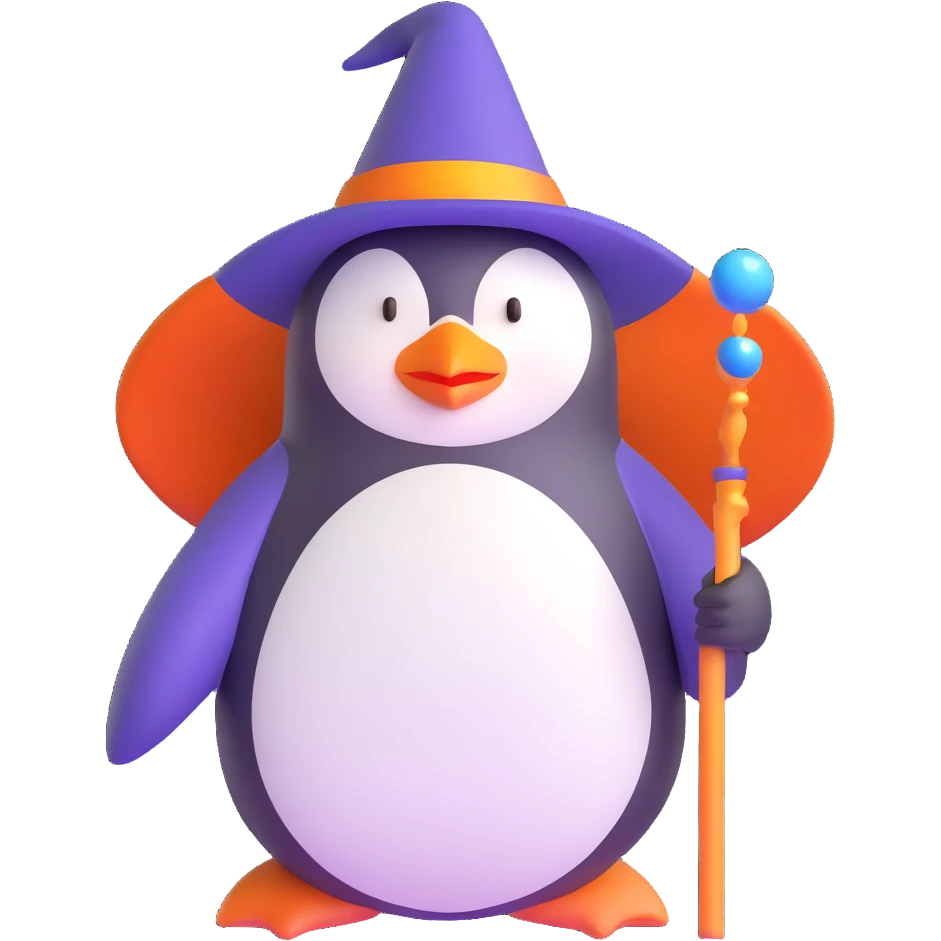 penguin wizard with a blue wizard hat and wand emoji
