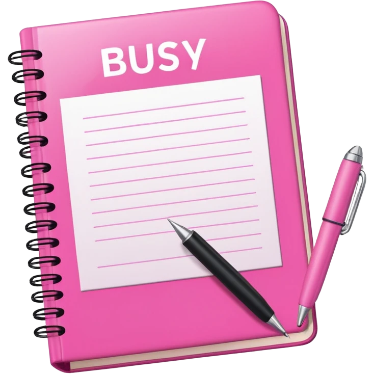 big  pink book and note pen add on it the word BUSY emoji