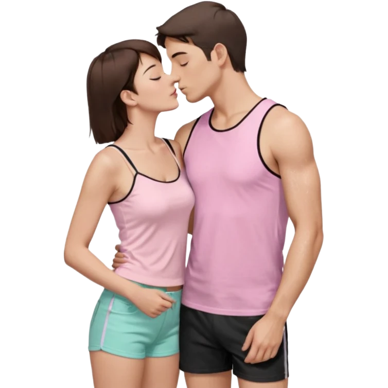 A couple, mid-20s, standing close and kissing. Man: short brown hair, clean-shaven, wearing a plain pastel pink t-shirt and dark shorts. His left arm is wrapped around the woman’s waist. Woman: long straight brown hair, wearing a black sleeveless glittery top with thin straps and a black skirt.  emoji
