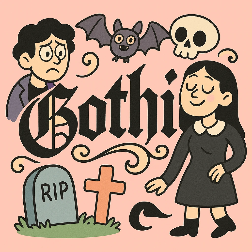 the word 'Gothic' in ornate gothic calligraphy, pastel toon style emoji