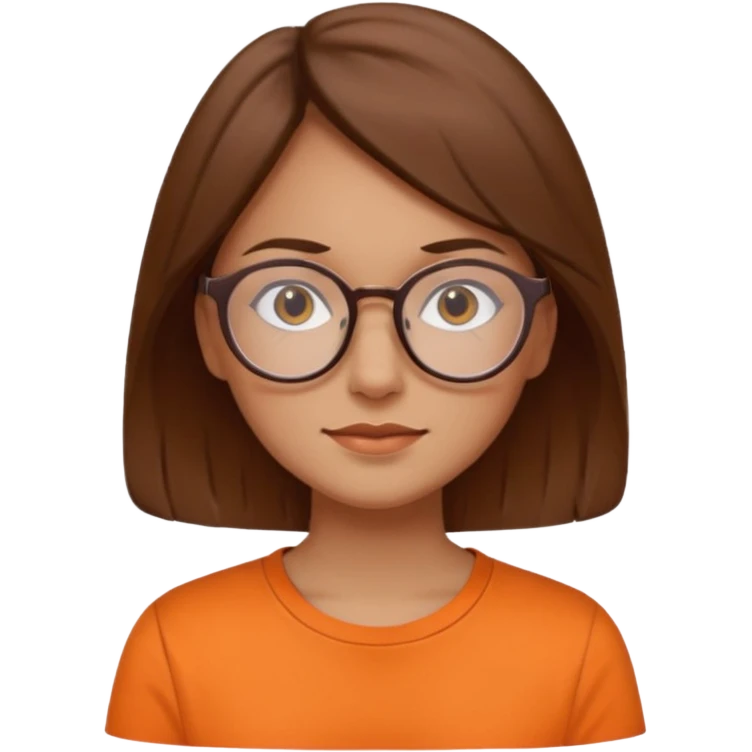 brown hair woman with round glasses orange shirt no smile emoji