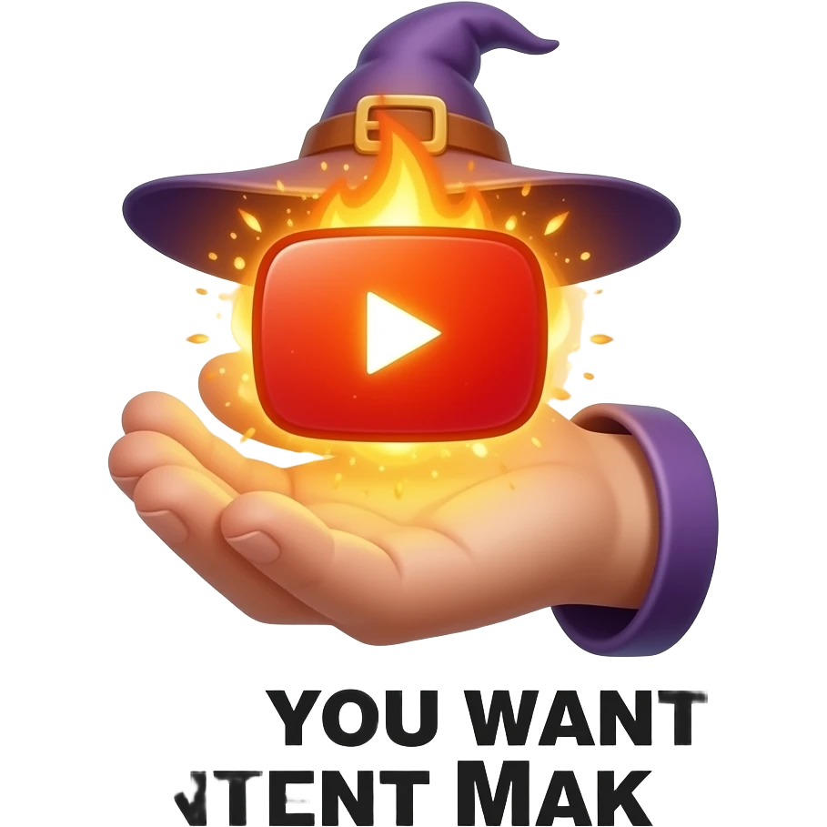 A wizard’s hand holding a glowing, magical YouTube logo like a fire spell. Text below: 'Do you want Content Maker?'. High fantasy, mystical particles, clean white background, sticker style emoji
