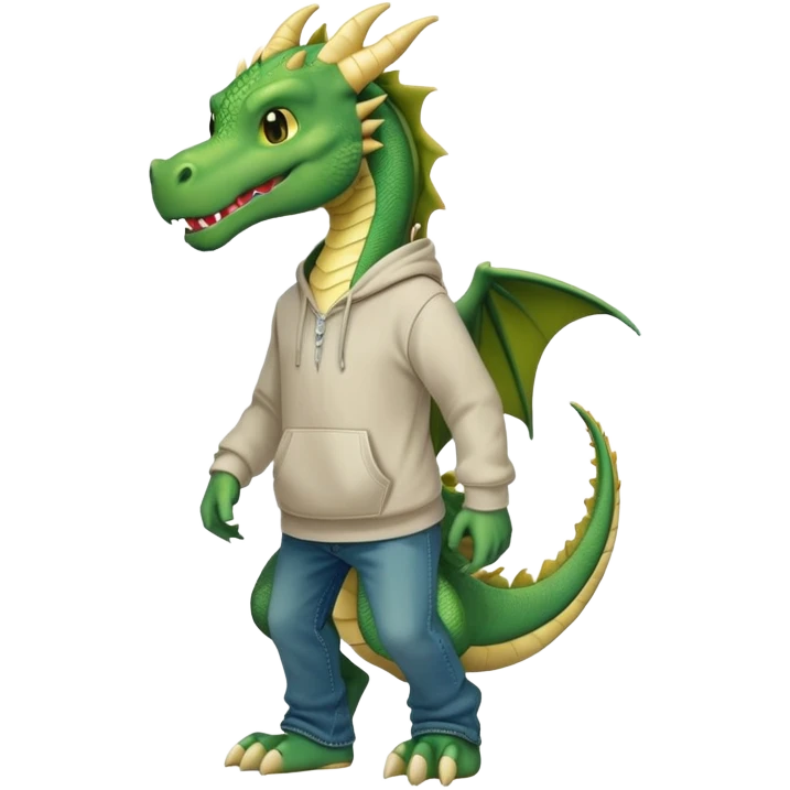 friendly anthropomorphised green dragon in a hoodie and jeans walking upright emoji