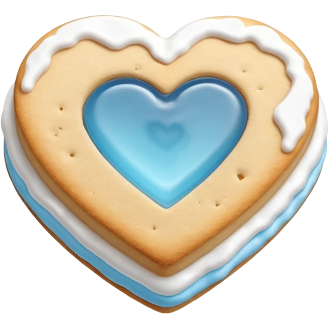 Realistic shortbread cookie in the shape of a heart with light blue jelly middle filling and sprinkled powder sugar on top. emoji