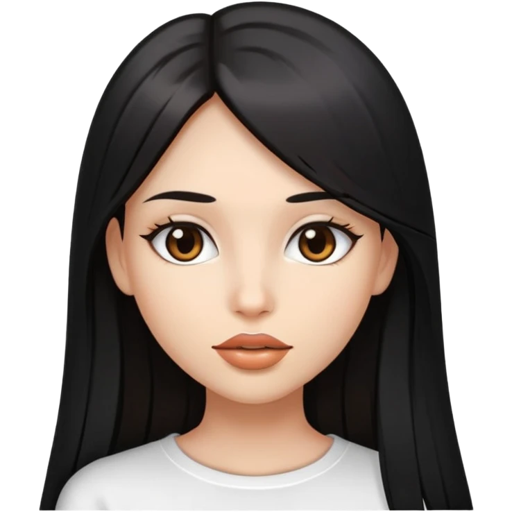 Chica pelo negro,liso y largo,ojos marrones,top blanco,y labios con gloss transparente emoji