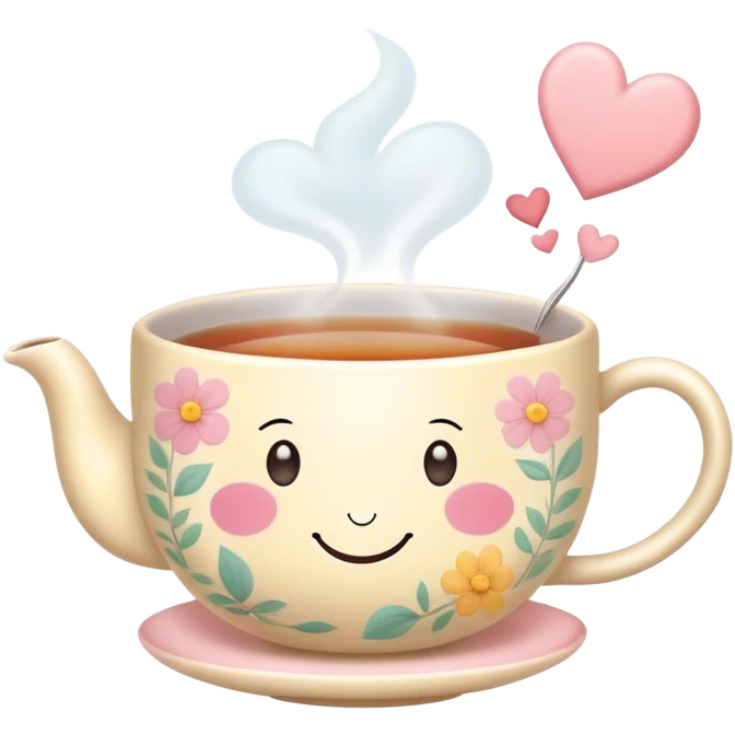 Cute Kawaii Tea Cup, steaming with warmth, a charming smiling face, soft pastel tones, delicate floral patterns, a tiny heart-shaped tea bag tag, cozy and inviting! emoji