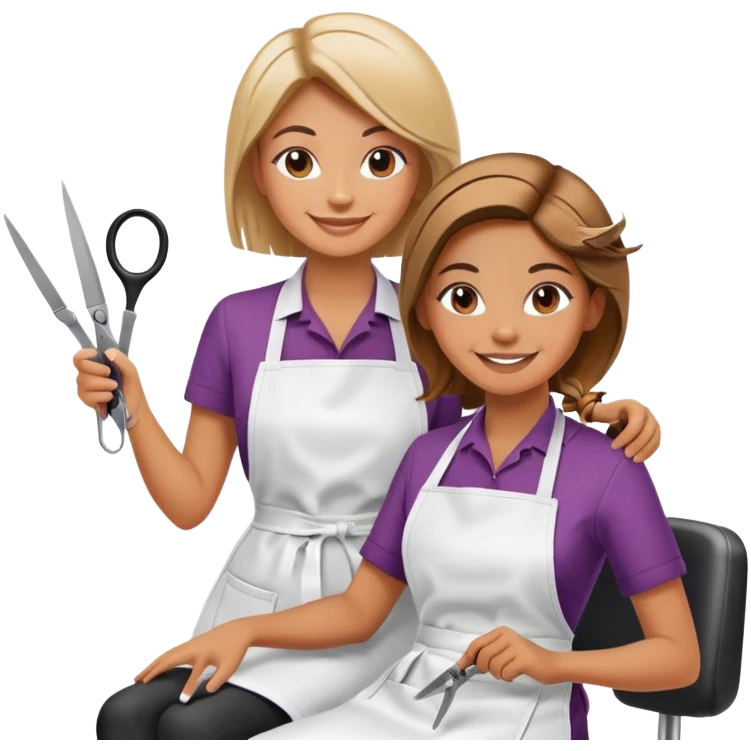smiling woman in apron sitting in salon chair, smiling female hairstylist behind her with scissors emoji
