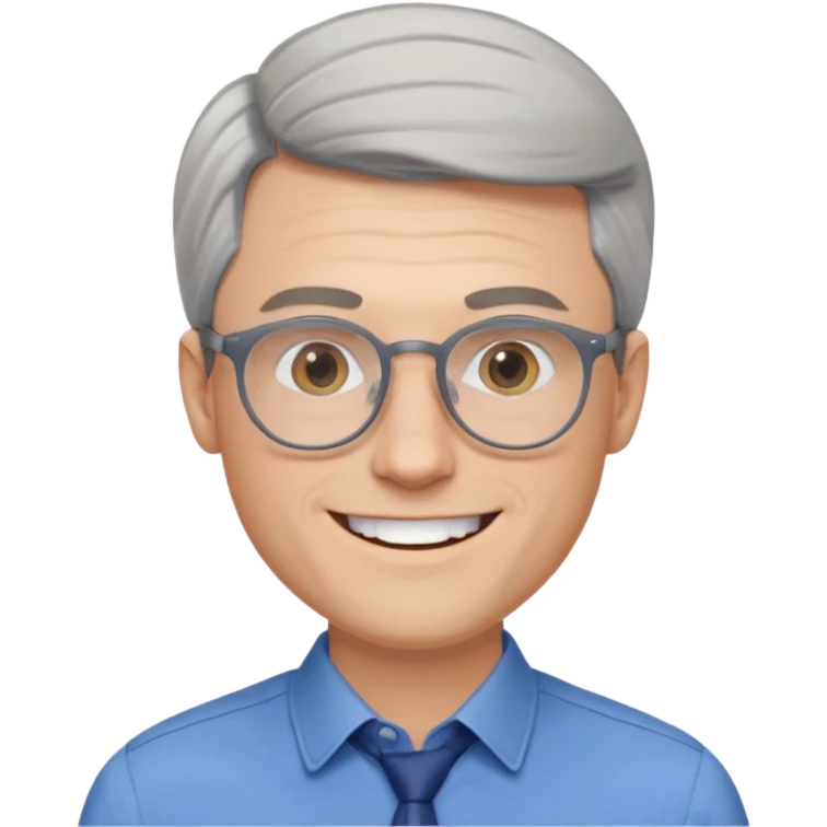 30 yr old pale white man, grey side swept hair, round glasses, big smile, white teeth, handsome, longer hair, thin glasses, blue dress shirt emoji