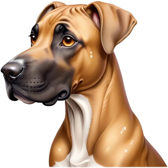Cinematic Cute Fawn Great Dane Portrait Emoji, Head tilted playfully and inquisitively, showcasing a glossy fawn Fur with a subtle luster, round, sparkling amber eyes filled with curiosity, Simplified yet irresistibly adorable features, highly detailed, glowing with a warm, friendly glow, high shine, affectionate and gentle, stylized with a touch of whimsy, bright and endearing, soft glowing outline, capturing the essence of a mischievous yet loving pup, so playful it feels like it could lumber out of the screen and into your arms! emoji