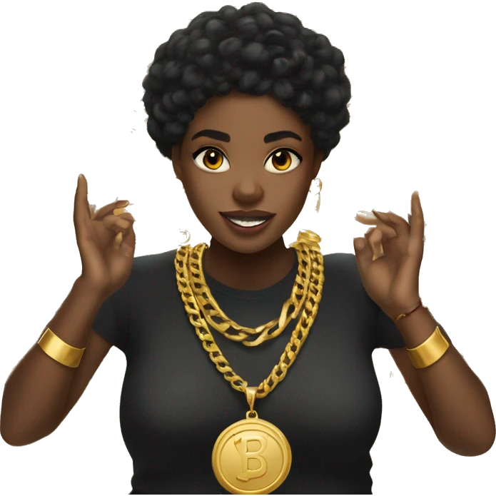 Black girl with black hair and a jersey shirt, chunky gold earrings, a lot of gold necklaces, her hands up showing her gold bracelets emoji