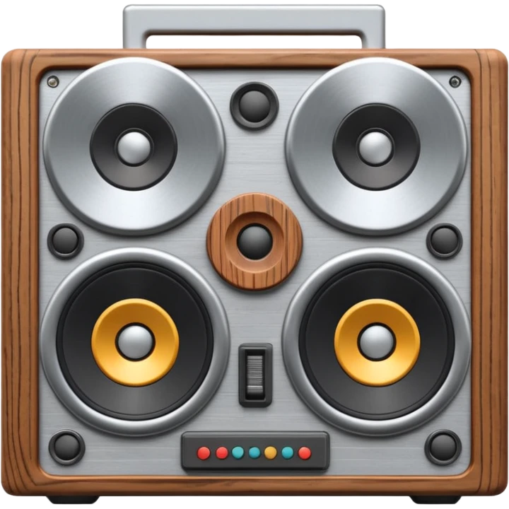 3D render of Speaker Stack, vintage 1980s audio equipment aesthetic, tactile analog buttons, silver metallic face with two large brown magnetic tape wheels, mixed wood grain and brushed aluminum textures, Apple emoji style, isolated on white background --v 6.0 emoji