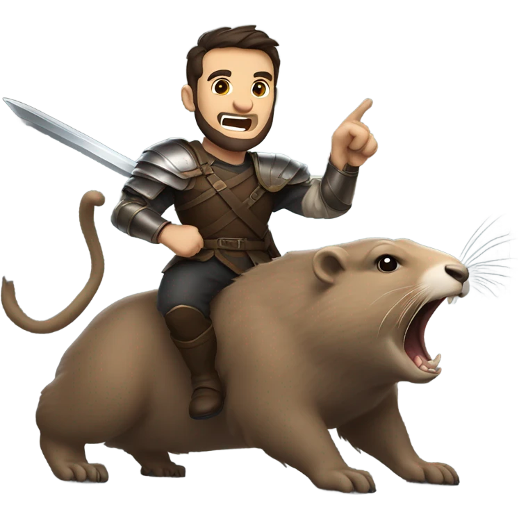 Confident armored White Man with dark brown hair and a short beard pointing forward with one arm holding a sword and yelling a battle charge while riding on the back of a giant groundhog emoji