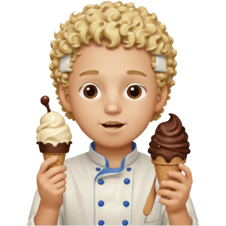 boy blonde curly hair, chef, eating chocolate ice cream emoji