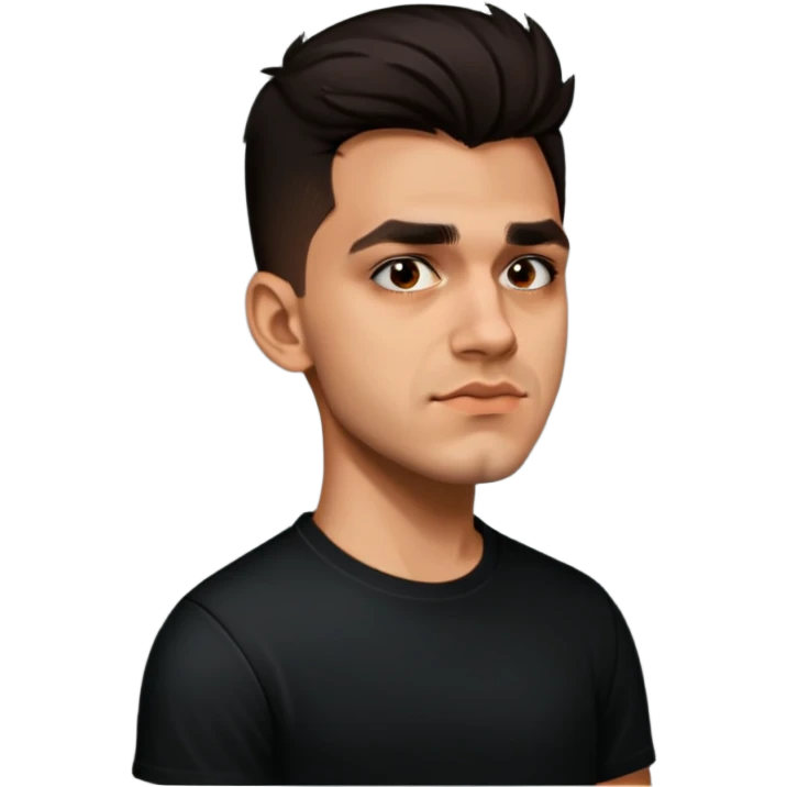 this boy with dark brown hair and dark brown eyes, big eyebros and strong jawline with a black tshirt emoji