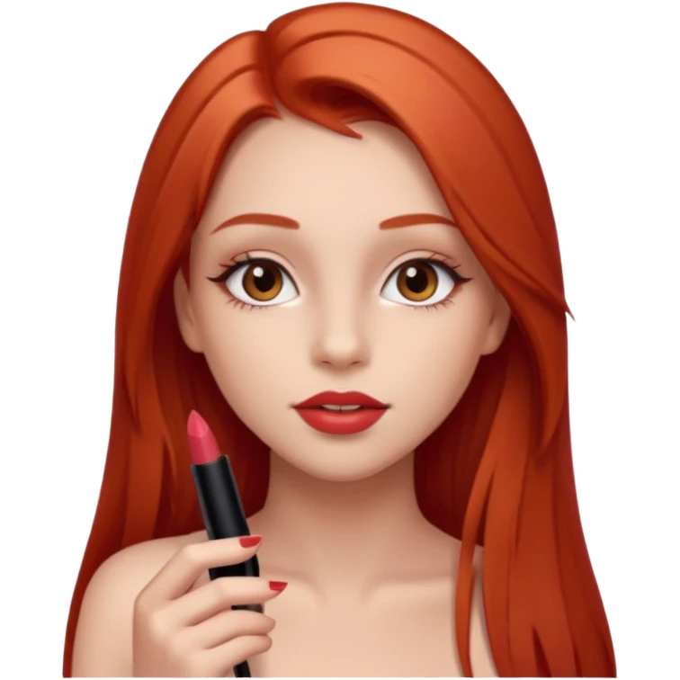 una chica con pose divertida de 18 años con los labios con pintalabios nude y los ojos maquillados, de piel blanca con el pelo liso, largo y pelirrojo, ojos marrones emoji