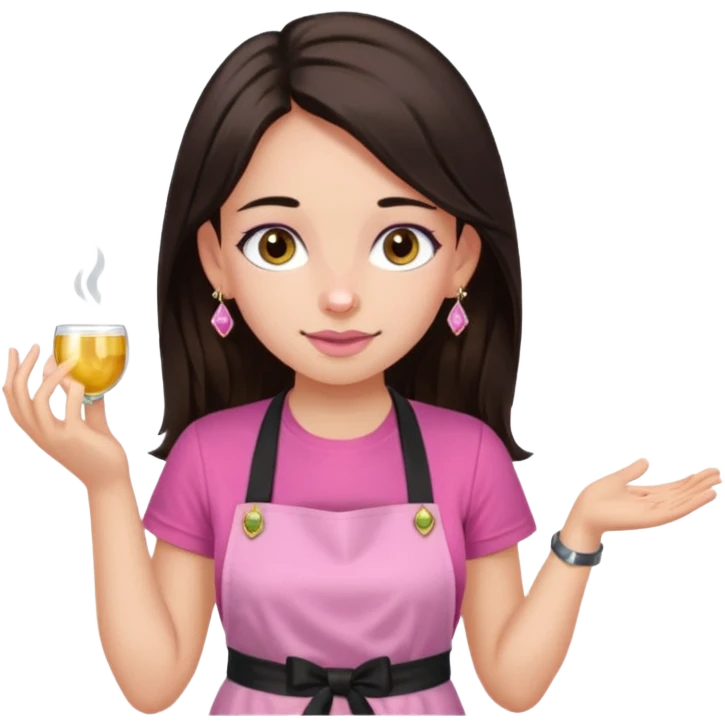 Fille cheveux long châtain foncé, peau beige type européen yeux marron, teeshirt rose avec un tablier noir, piercing au nez anneau doré, boucle d’oreille type diamant doré. Elle fait les ongles nail artiste sur le tablier écrire NIELART en rose  emoji