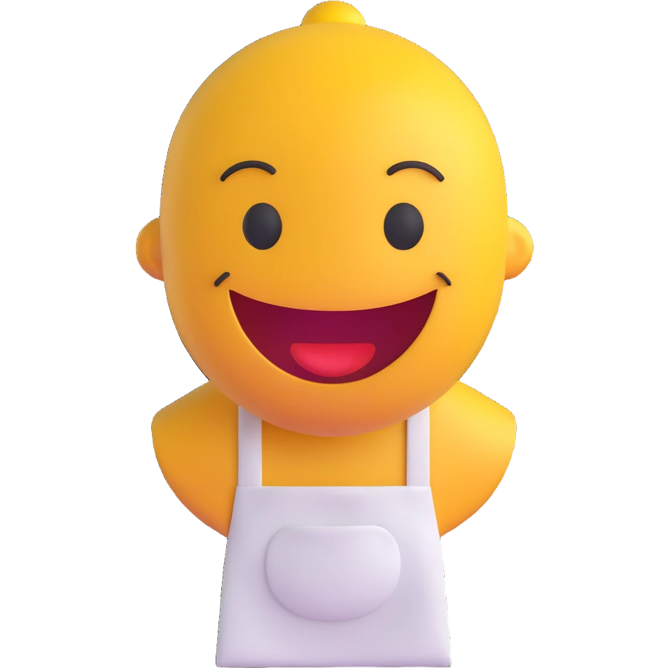 3D smiley emoji, circular shape, wearing a seller apron, with a funny and kind facial expression, transparent background emoji