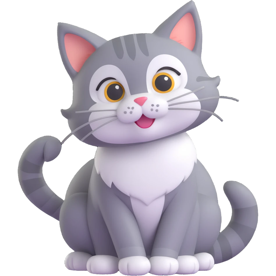 a playful cat, white nose and underbelly, gray fur, tail curled emoji