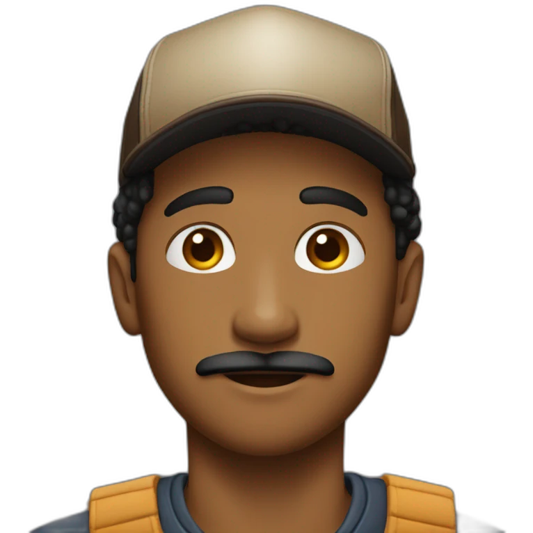 young man with a black tiny moustach and a brown trucker hat emoji