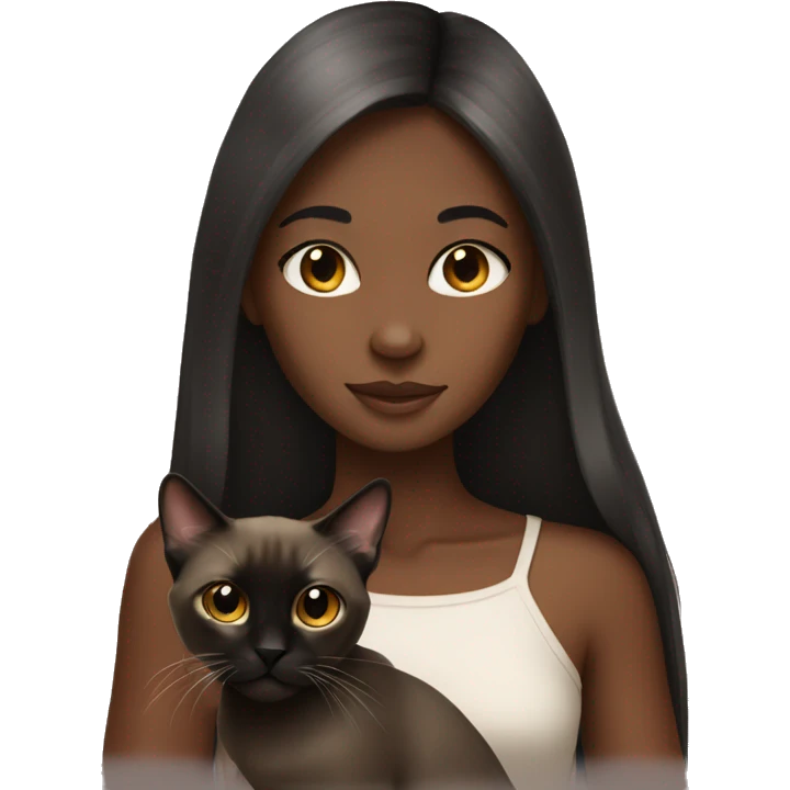 Dark-skined girl long hair with siamese cat emoji