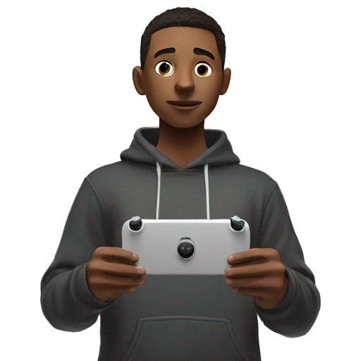 a full body male teen in hoodie standing, holding a game controller, looking up to a flying DJI drone emoji